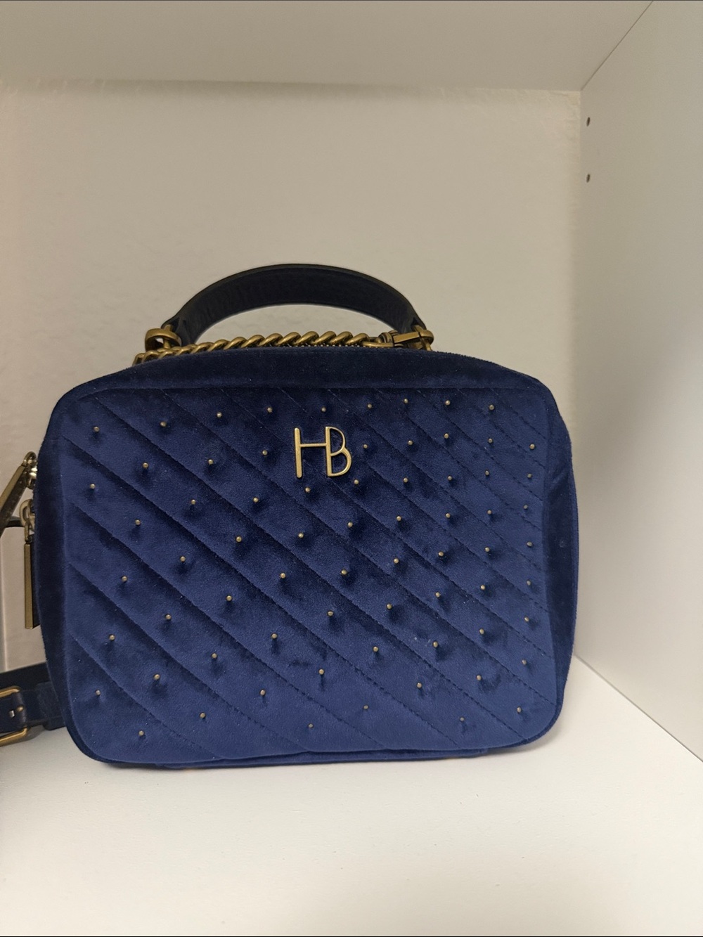 Henry Bendel Quilted Navy Velvet Crossbody Bag with Gold Hardware